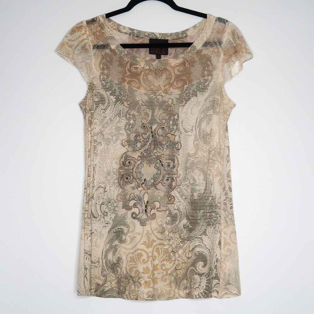French Blue Womens Shirt Size Large Brown Tan Paisley Embellished Boho Western